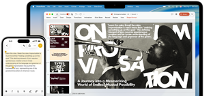 iPhone 16 Plus mit hervorgehobenem Text in der Notizen App, MacBook Air mit einer geöffneten Keynote Folie, Text aus der Notizen App ist auf der Folie sichtbar