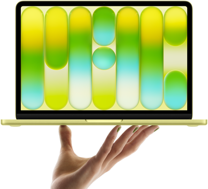 Das MacBook Neo in Farbe Zitrus wird auf den Fingerspitzen einer geöffneten Hand balanciert, das Display zeigt ein farbiges, abstraktes Muster