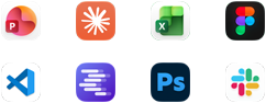 App Symbole für Microsoft PowerPoint, Claude von Anthropic, Microsoft Excel, Figma, Visual Studio Code, LM Studio, Adobe Photoshop und Slack