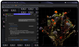 MacBook Pro mit PROLED XDR Display, Farbe Space Schwarz, das Display zeigt ein Bild, das mit TouchDesigner und LM Studio erstellt wird