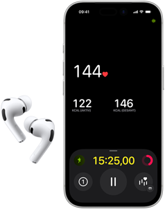AirPods Pro 3, untere Hälfte eines iPhone 17 Pro Displays, die Fitness App zeigt eine Herzfrequenz